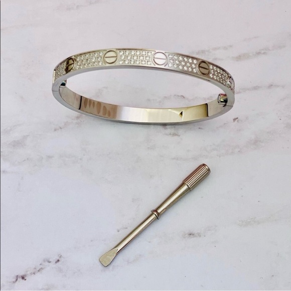 Pave Diamond Stainless Steel Love Screw Bangle Bracelet with Screwdriver opener - Picture 11 of 12